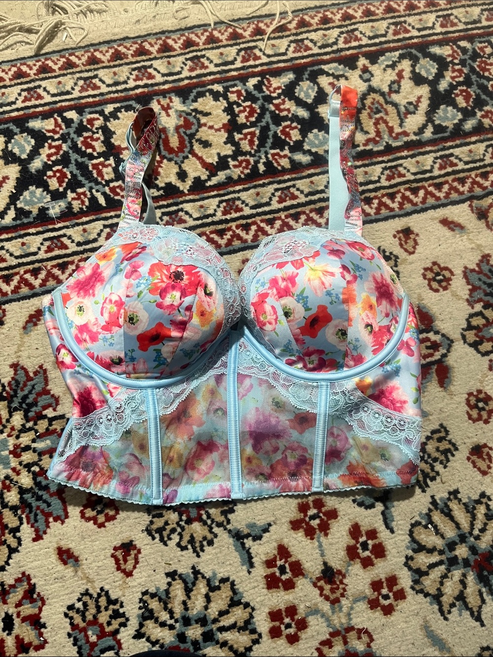 PINK Victoria's Secret Floral Longline Bustier Bra - Light Blue & Multi
